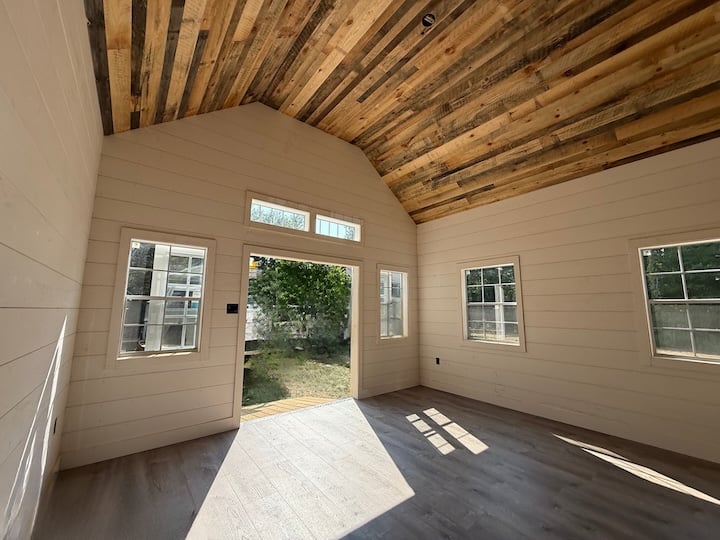Barnboard Ceiling Prime Shiplap Walls Lifeproof Flooring ADU Interior Finish by Reilly Brothers Construction